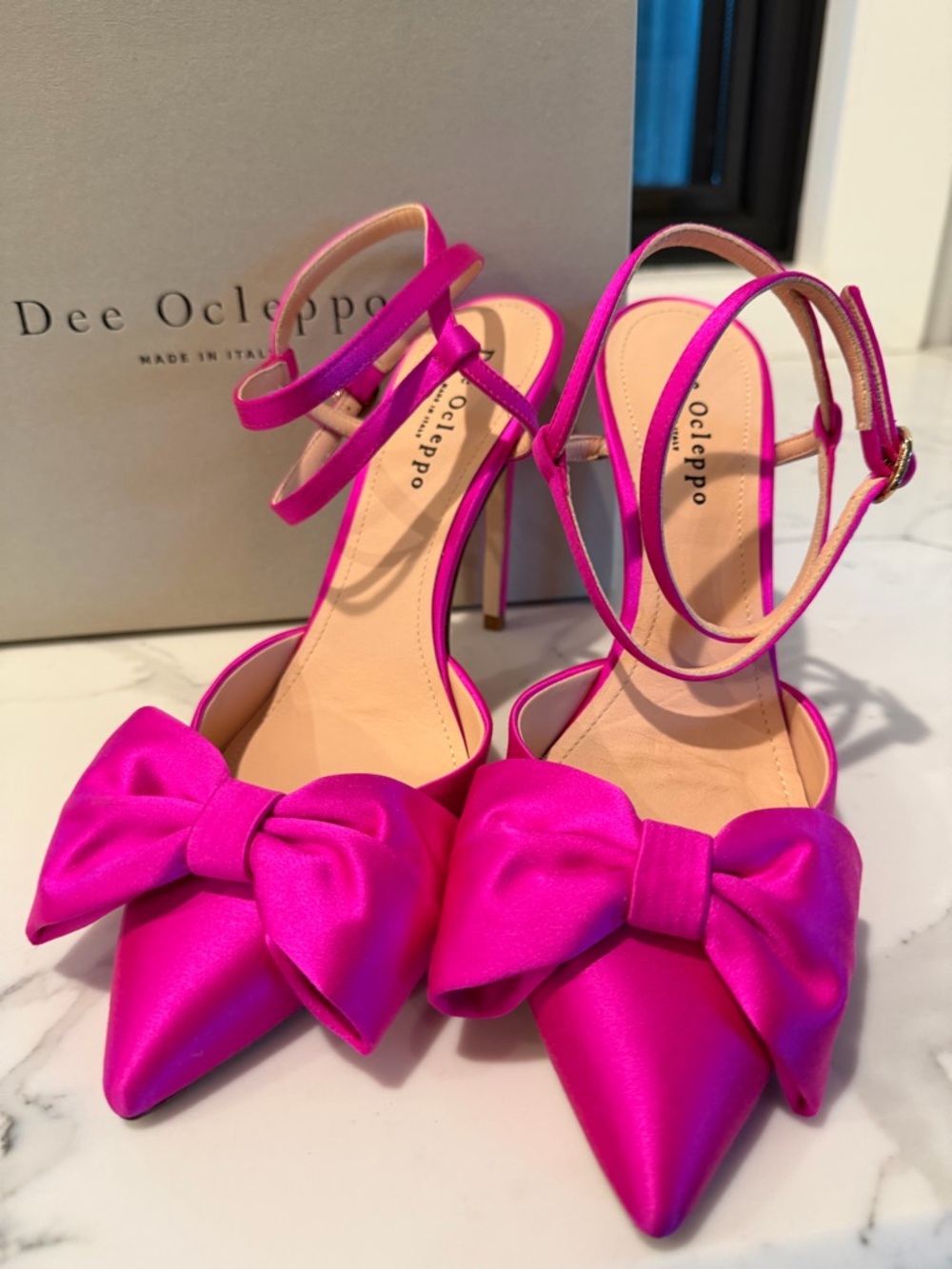 Dee Ocleppo Hot Pink Satin Bow Pointed-Toe Ankle-Strap Pumps
